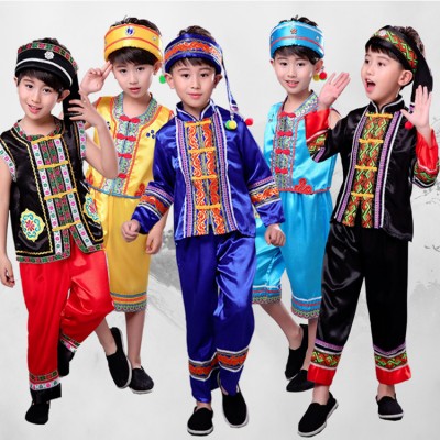 Boy's chinese folk dance costumes children minority miao hmong stage performance drama photos cosplay outfits clothes