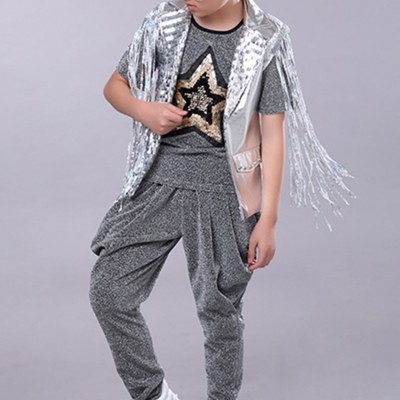 Boys drummer show competition performance outfits for kids children modern dance street dancing hiphop silver tops and harem pants
