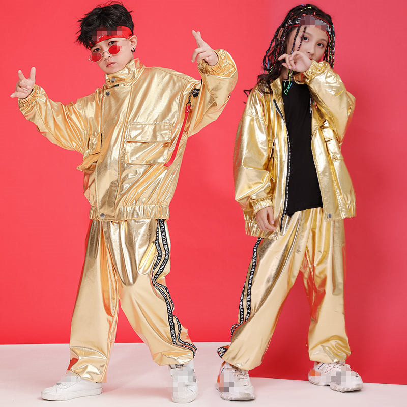 Boys girls gold hiphop jazz dance costumes jacket and pants kids children model carnival recital gogo dancers stage performance suits costumes