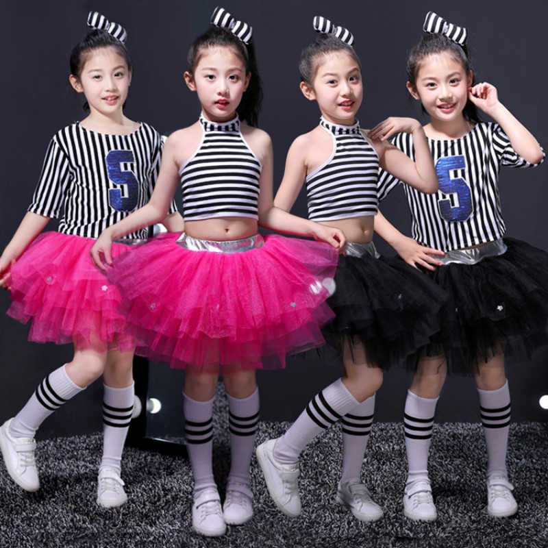 Boys girs striped jazz dance costumes school kids hiphop street dance outfits princess school competition stage performance dresses