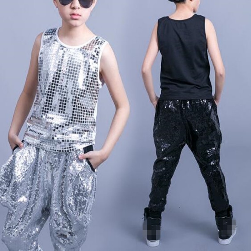 Boys hip hop street dance jazz singers performance outfits for kids children modern dance paillette vests and harem pants