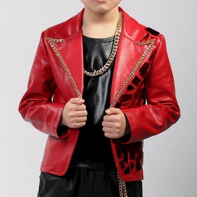 Boy's jazz dance coats red lens paillette pu leather hiphop street modern dance show singers host drummer performance jackets blazers