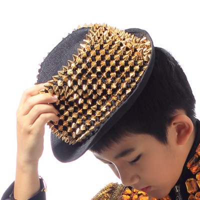 Boys jazz hiphop dance gold rivet hat street dancing magician stage performance competition drummer popping dancing hats