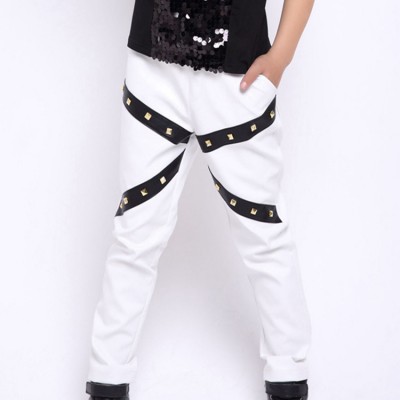 Boy's jazz modern dance hiphop dance leather rivet pants singers host white colored model show stage performance trousers