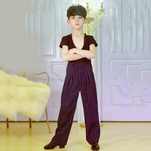 Boys kids black striped latin ballroom dance shirts and patns for children Latin dance training dance competition uniforms modern dance outfits for chidren