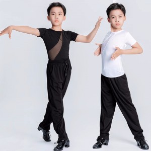Boys kids black white latin ballroom dance shirts and pants juvenile practice traning waltz tango jazz dance tops and wide leg trousers for children