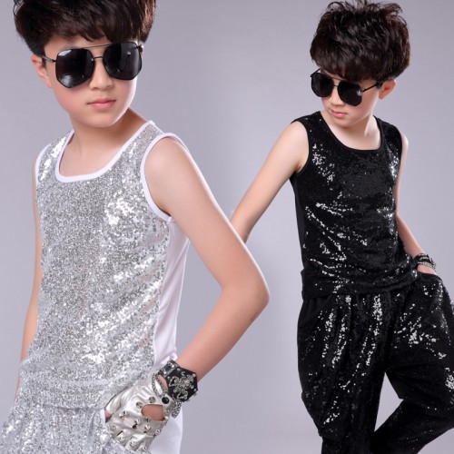 Boys kids children silver white black sequins jazz dance vests gogo dancers drum rapper hiphop dance tops for children