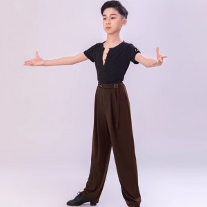 Boys kids latin ballroom dance shirts and pants Black tops and coffee wide leg trousers training practice competition juvenile latin ballroom dance wear for children 