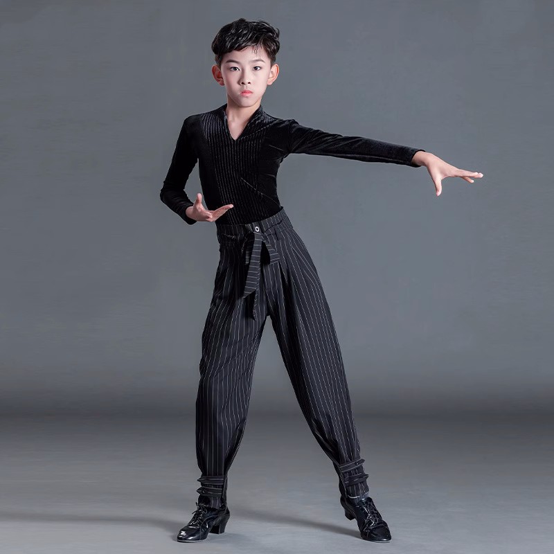 Boys kids velvet striped latin ballroom dance shirts and pants modern dance junior competition Latin ballroom salsa dance costumes for children