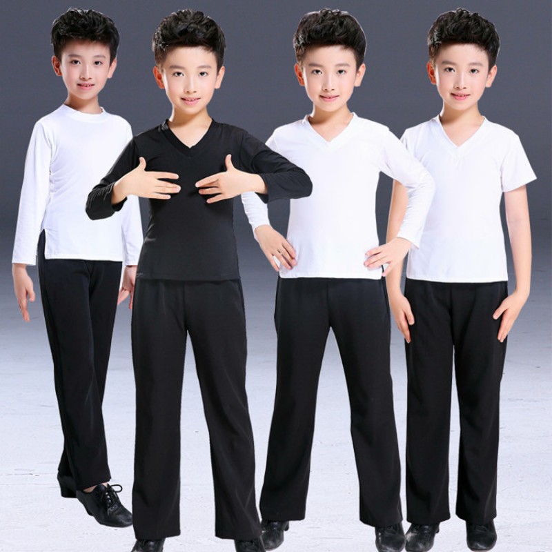 Boy's latin dance shirts and pants white black competition stage performance professional ballroom waltz chacha dancing outfits