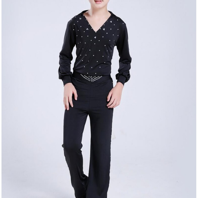 Boys latin dresses for kids children black diamond competition professional rumba chacha salsa dancing tops and pants