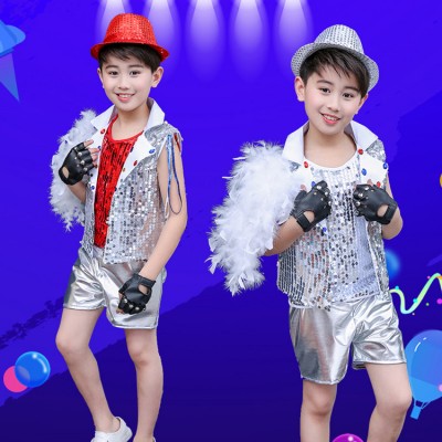 Boy's modern jazz dance costumes sequin kids children silver street drummer stage performance outfits costumes