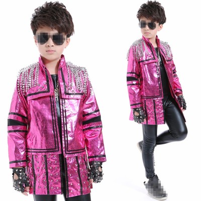 Boys street jazz dance costumes school competition kids children model show performance outfits pink rivet long coat leather black pants and t shirt