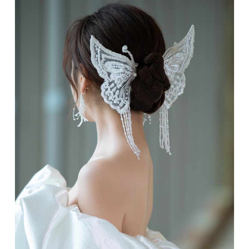Bride hanfu Wedding Tiara White singer host stage performance butterfly hair  accessories Angel Fairy Wings Clip Fringe Butterfly Crystal headdress