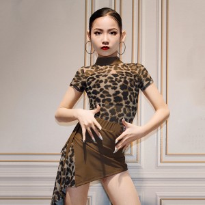 Browm leopard Latin dance dresses for girls kids professional performance leopard grain coat skirt suit children Latin dance clothes