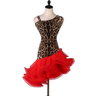 Brown leopard with red competition latin dance dresses for women girls irregular asymmetrical ruffles hem rumba salsa chacha latin performance dresses