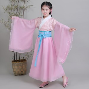 Children ancient traditional chinese folk dance costumes hanfu pink mint fairy drama party cosplay stage performance princesses costumes