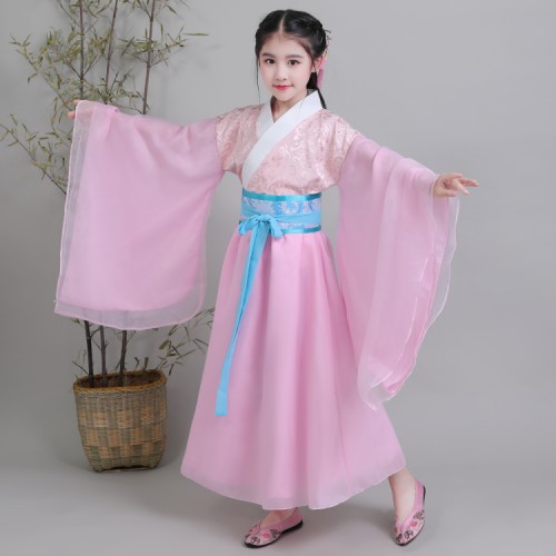 Children ancient traditional chinese folk dance costumes hanfu pink mint fairy drama party cosplay stage performance princesses costumes