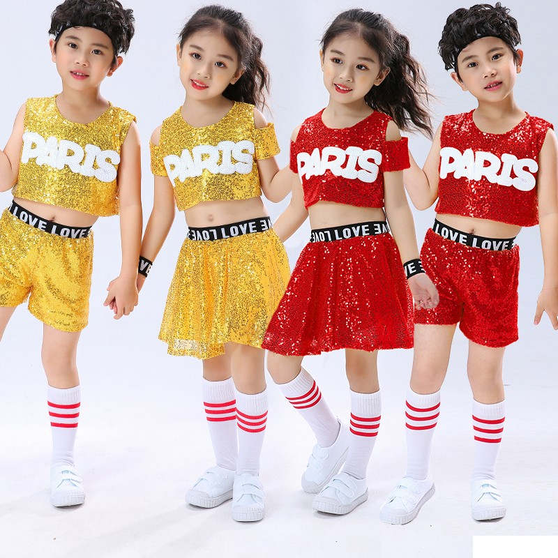 Children baby kids gold red paillette jazz dance outfits cheerleading uniforms for boy girls sequins kindergarten school modern dance cheerleading dance wear