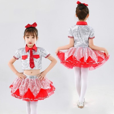 Children Baby kids silver with red  jazz dance costume tutu skirt ballet dress princess performance dress kindergarten glitter modern dance outfits