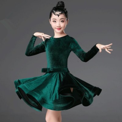 Children ballroom latin dance dress dark green purple velvet long sleeves competition professional chacha salsa chacha dance skirts dresses