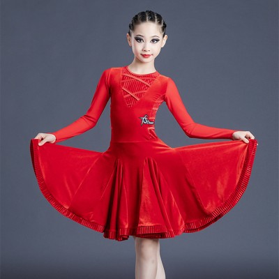 Children Black red latin dance costumes girls competition latin dresses Latin dance regulation competition suit velvet dress standard test dresses