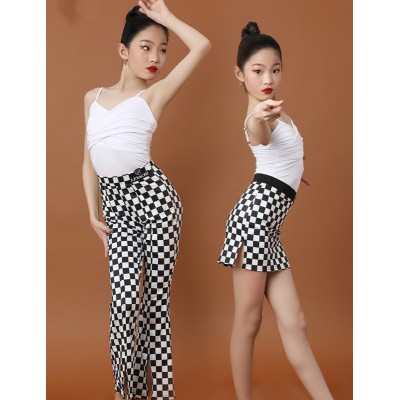 Children black white plaid girls Latin dance dresses ballroom salsa stage latin solo performance costumes for girls