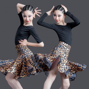 Children Black with leopard Latin Dance dresses for girls kids stage performance latin Exercise Competition Performance Costumes mid-sleeve