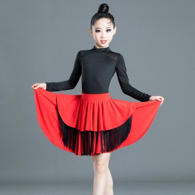 Children Black with red  latin dance costumes girls Long-sleeved latin dance dresses kids Latin dance skirts