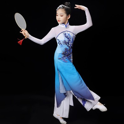 Children blue and white porcelain Chinese folk classical dance costumes for girls Fan Umbrella Dance Yangko Dance Performance Costume