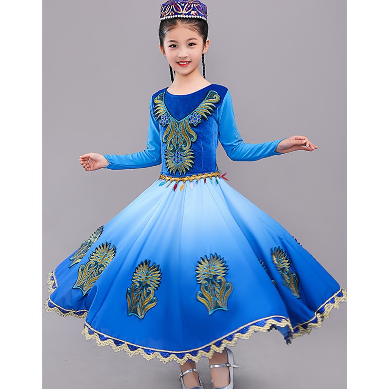 Children blue colored Chinese Xinjiang Dance Costume Girls Uyghur Dance dress for girls 