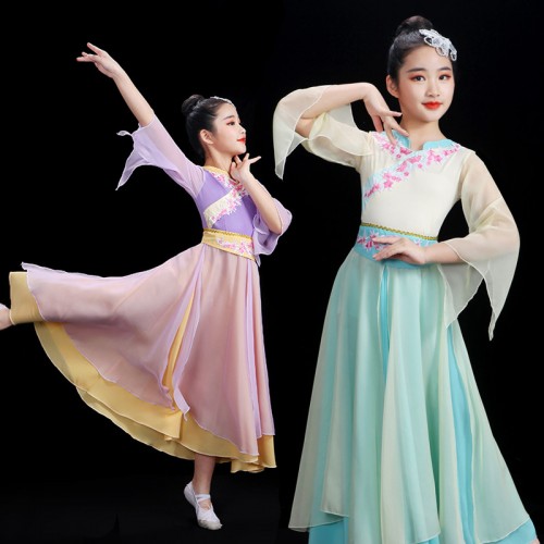 Children blue purple Chinese folk classical dance costumes ancient traditional yangge umbrella fan dance dress fairy princess hanfu stage costumes for girls
