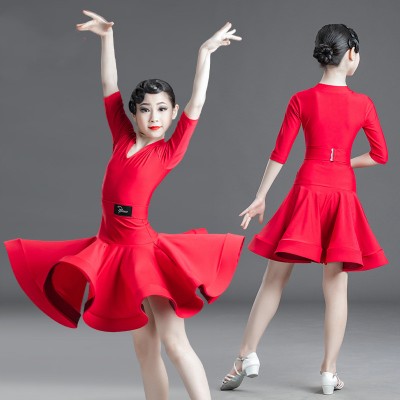 Children blue red black latin dressess Latin dance dress Girls latin dresses professional competition grading dress performance dress long sleeve