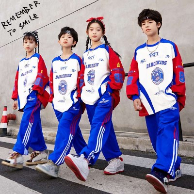 Children blue red street hiphop dance costumes for girls boys rapper singers gogo dancer hip-hop street dance clothing cheerleading performance uniforms 