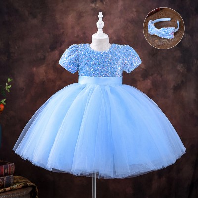  Children blue white pink sequined jazz dance dress girls paillete piano princess host solo singer preformance outfits birthday party gift dress ballet dance skirts for baby