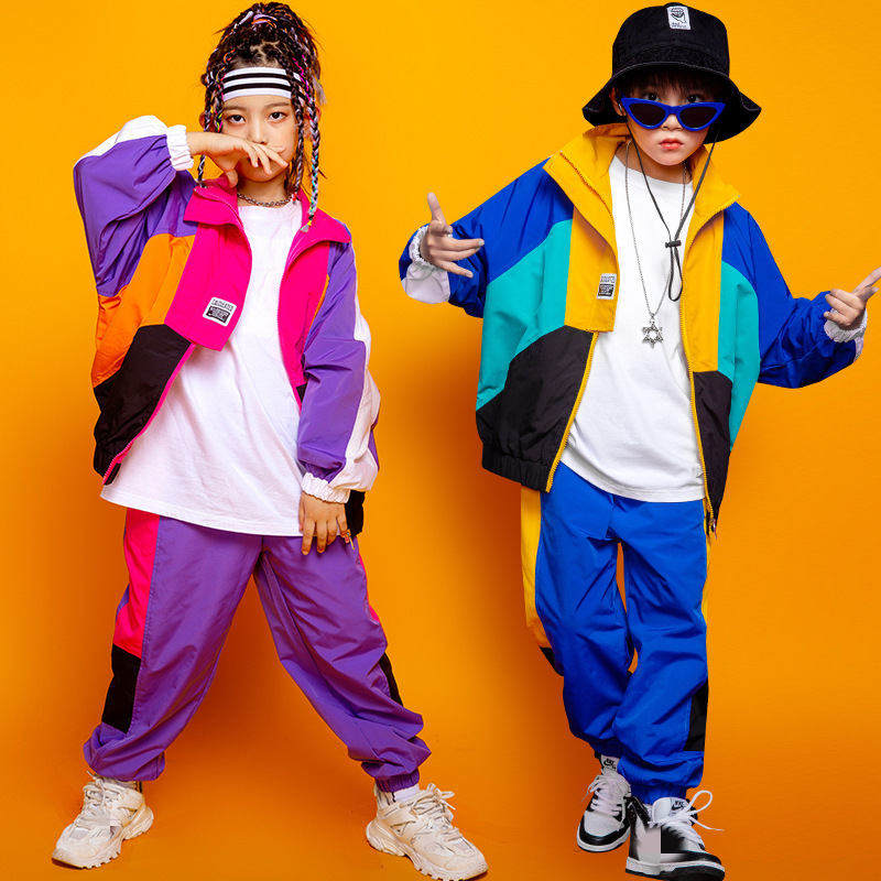 Children Boy Girls Blue Purple Rapper hiphop street jazz dance clothing boy hip-hop suit drums performance wear for kids