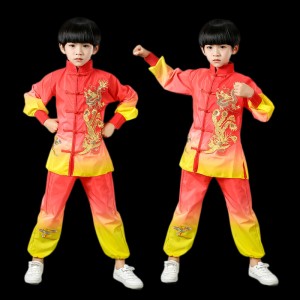 Children Boys Chinese Red with Gold Dragon drum dance costumes Yangko Festival Celebration Lion drummer perform Suit waist drum gong team dancing clothes for kids