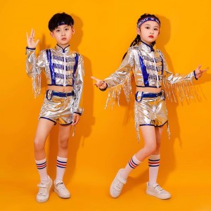 Children boys girls jazz hiphop rapper dance costume silver royal blue shiny tassels gogo daners school cheerleading performance outfits for kids