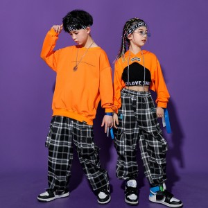 Children boys girls plaid orange hiphop rapper street dance clothes long-sleeved navel-baring jazz dance costumes model show plaid overalls tide clothes for baby