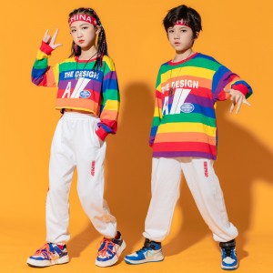 Children boys girls rainbow striped cheerleading uiforms girls boys jazz rapper street hiphop dance suits student group class clothes  for kids