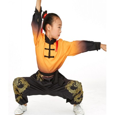 Children boys girls red gold Chinese kung fu wushu performance clothing martial arts Tai Chi training performance uniforms Chinese dragon lion dance competition wear for kids
