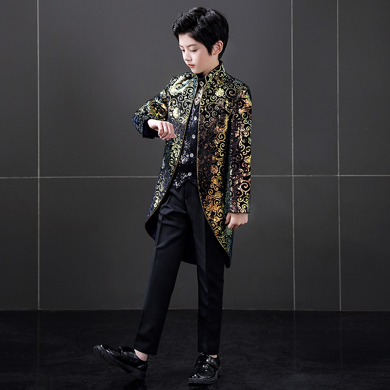 Children Boys gold host singers stage performance dress suit flower boy piano performance magcian tuxedo coats for kids catwalk model show British style long jackets