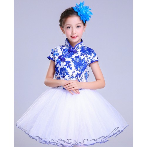 Children china style chorus singers dress stage performance process Chinese folk dancing cosplay costumes skirt
