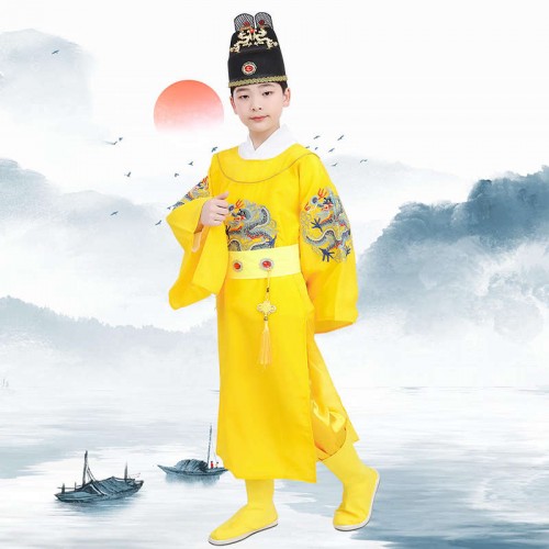 Children Chinese ancient traditional Emperor cosplay costumes Ming Dynasty Dragon Pao Emperor gown Embroidery film and television clothing theme Photo costume 
