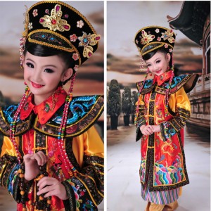 Children chinese ancient traditional stage performance costumes qing dynasty empress drama film studio  photography cosplay dragon robes dresses