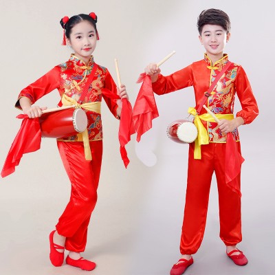 Children Chinese Dragon drumming performance clothes Chinese wind drum lion Folk dance team clothing rap dance performance clothes for Girls Boys 