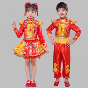 Children Chinese Dragon festive opening ceremony yangko Drummer dance costumes for Boys Girls Children's lantern drumming performance clothes