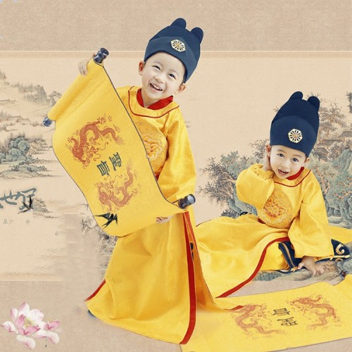 Children chinese folk costumes for boy ancient traditional lishimin Tang Qing dynasty emperor drama photography cosplay performance dresses dragon robes
