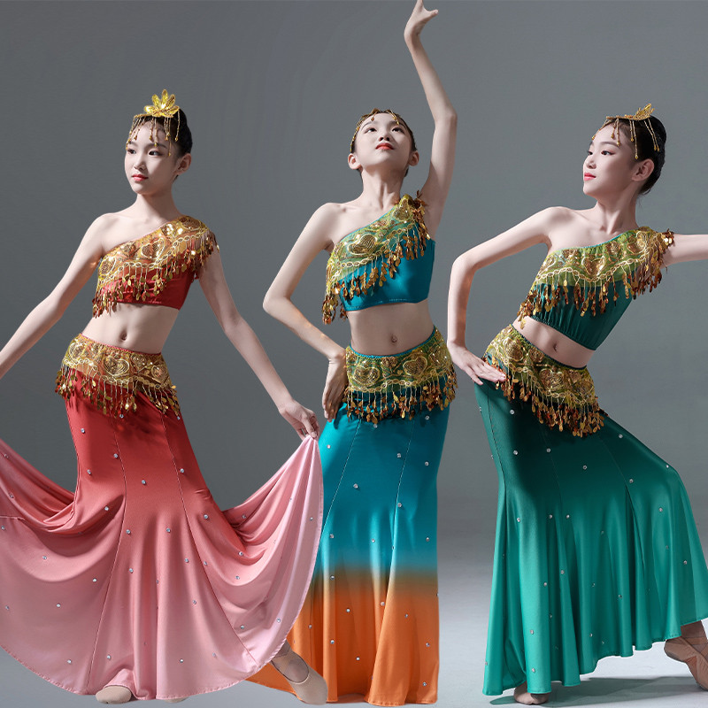 Children Chinese folk Dai dance costumes girls mermaid dresses peacock dance hip fishtail skirt children's ethnic performance clothes