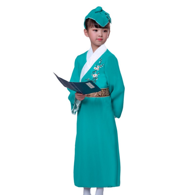 Children chinese folk dance costumes ancient traditional fairy hanfu green colored Confucius school performance robes dress